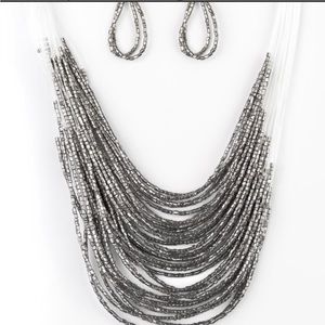 Gray beaded necklace with matching earrings